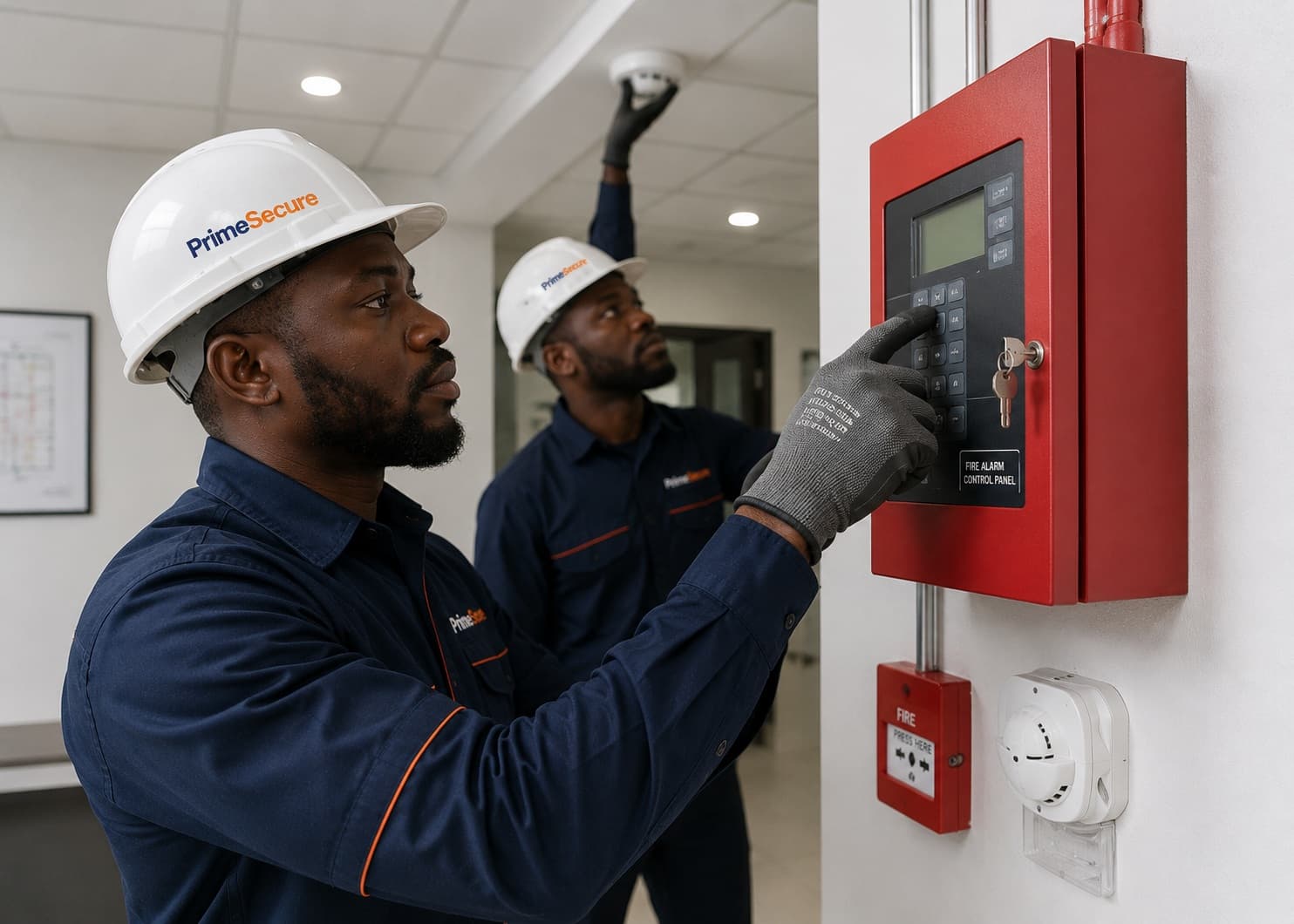 PrimeSecure engineer servicing a security system panel